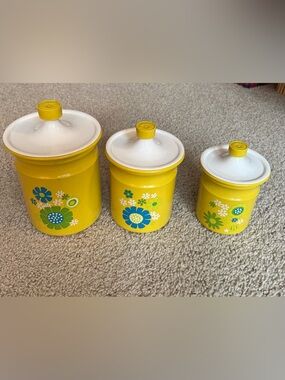 Vintage Kromex Yellow Flower Power Canister Set - 3 Piece